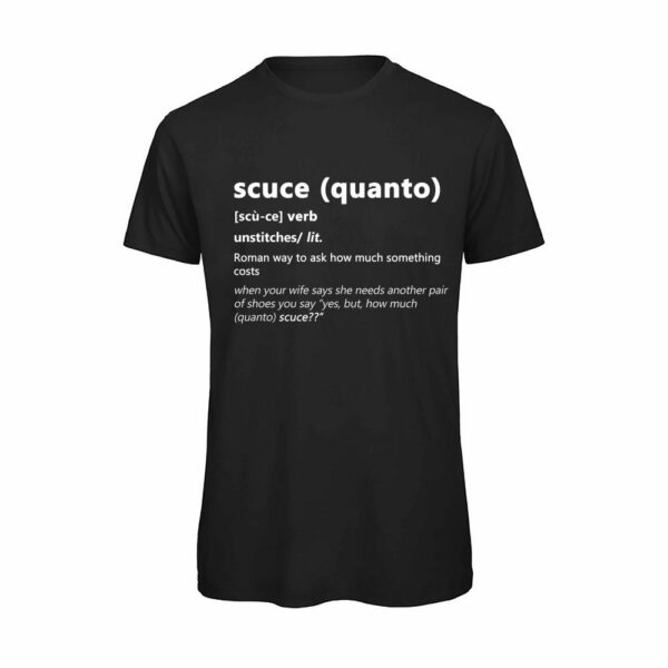 T-shirt-QUANTO-SCUCE-Maglietta-uomo-Dizionario-Romano-cotone-organico-Boostit-nero