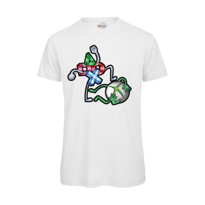 T-shirt-uomo-Videogiochi-Divertente-Console-War-PS-cotone-organico-100%-bianco