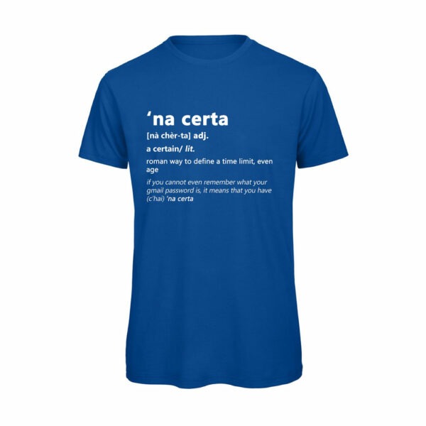 T-shirt-NA-CERTA-Maglietta-uomo-Dizionario-Romano-cotone-organico-Boostit-blu