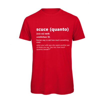 T-shirt-QUANTO-SCUCE-Maglietta-uomo-Dizionario-Romano-cotone-organico-Boostit-rosso