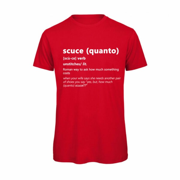 T-shirt-QUANTO-SCUCE-Maglietta-uomo-Dizionario-Romano-cotone-organico-Boostit-rosso