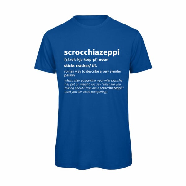 T-shirt-SCROCCHIAZEPPI-Maglietta-uomo-Dizionario-Romano-cotone-organico-Boostit-blu