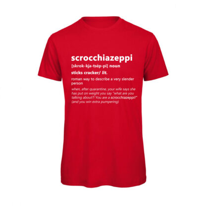 T-shirt-SCROCCHIAZEPPI-Maglietta-uomo-Dizionario-Romano-cotone-organico-Boostit-rosso