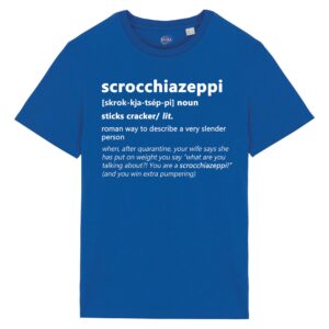 T-shirt-scrocchiazeppi-roman-says-cotone-biologico-blu