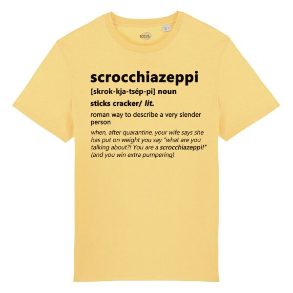 T-shirt-scrocchiazeppi-roman-says-cotone-biologico-giallo