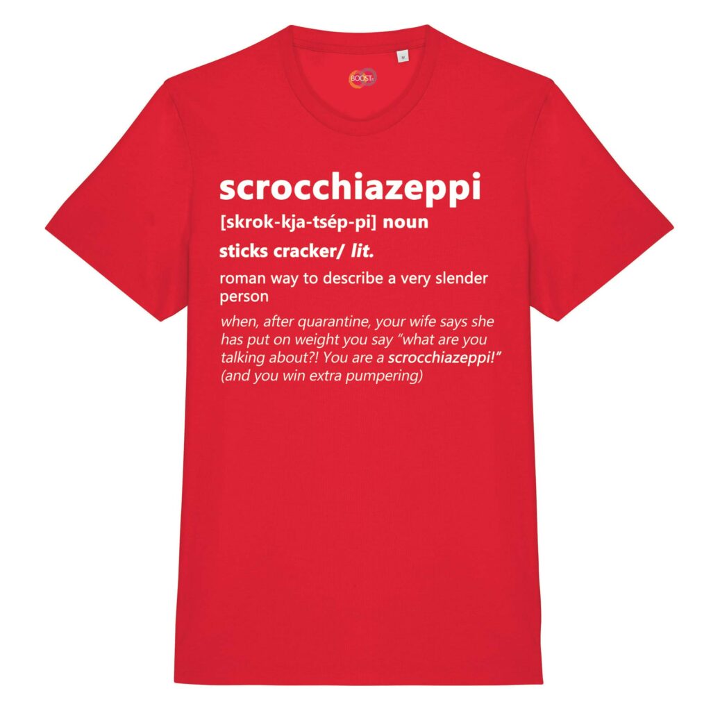 T-shirt-scrocchiazeppi-roman-says-cotone-biologico-rosso