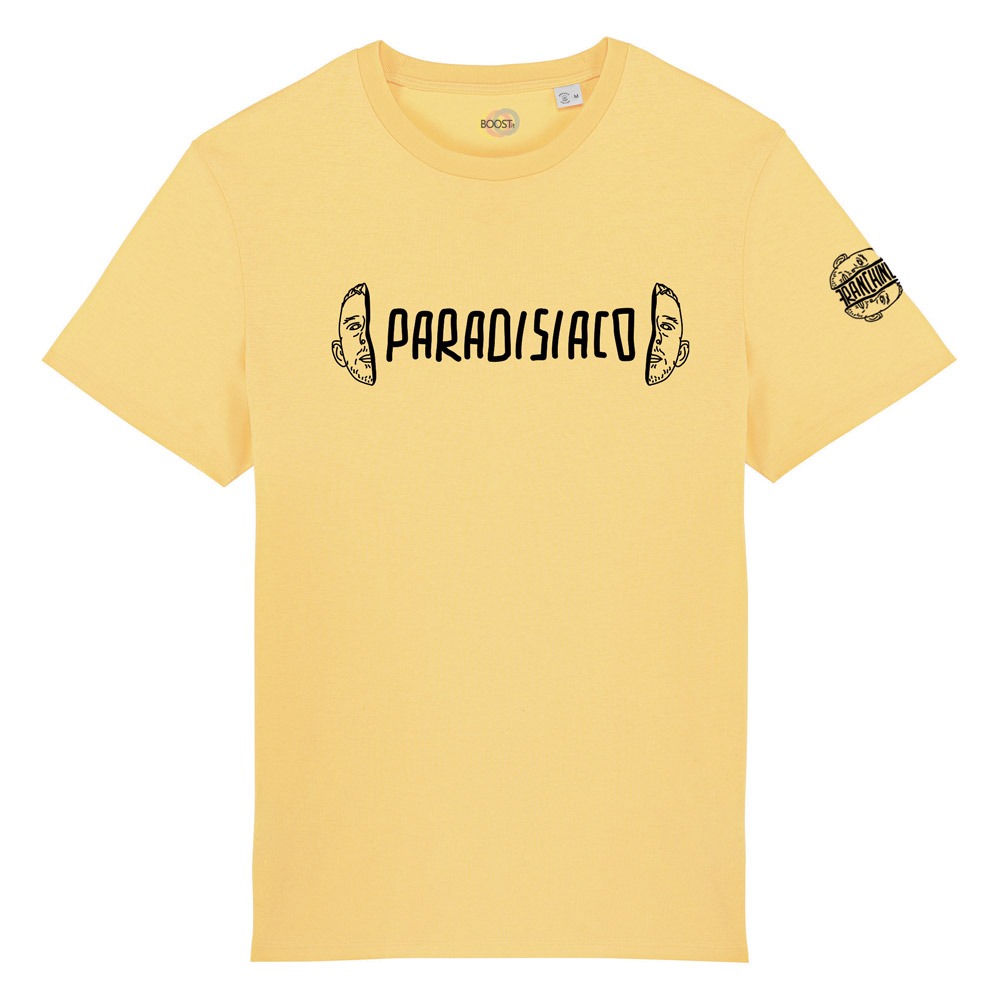 T-shirt-Paradisiaco-Franchino-er-criminale-cotone-biologico-giallo-unisex-boostit