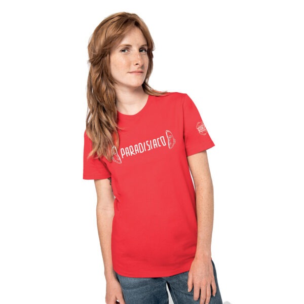 T-shirt-Paradisiaco-Franchino-er-criminale-cotone-biologico-rosso-mockup-donna-boostit
