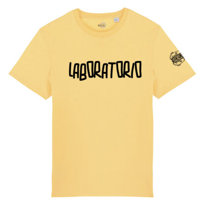 T-shirt-Laboratorio-Franchino-er-criminale-cotone-biologico-giallo-unisex-boostit