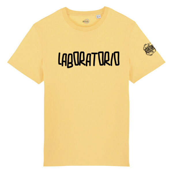 T-shirt-Laboratorio-Franchino-er-criminale-cotone-biologico-giallo-unisex-boostit