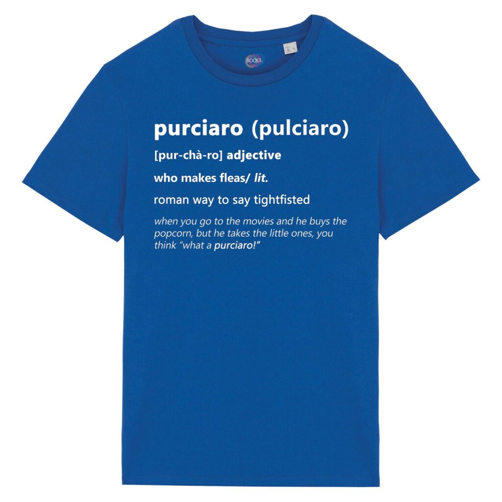 T-shirt-purciaro-roman-says-cotone-biologico-blu